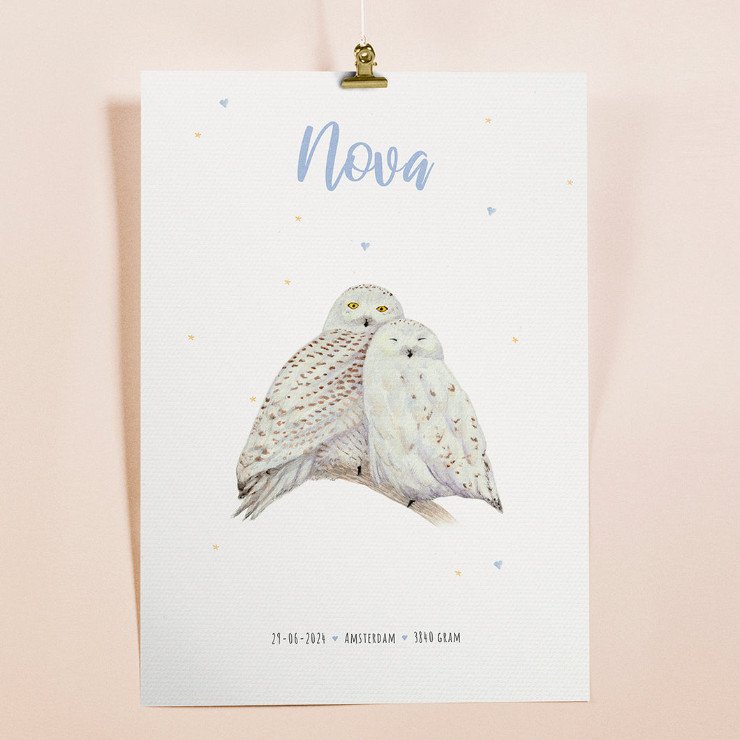 Birth poster snowy owls - personalised - A3