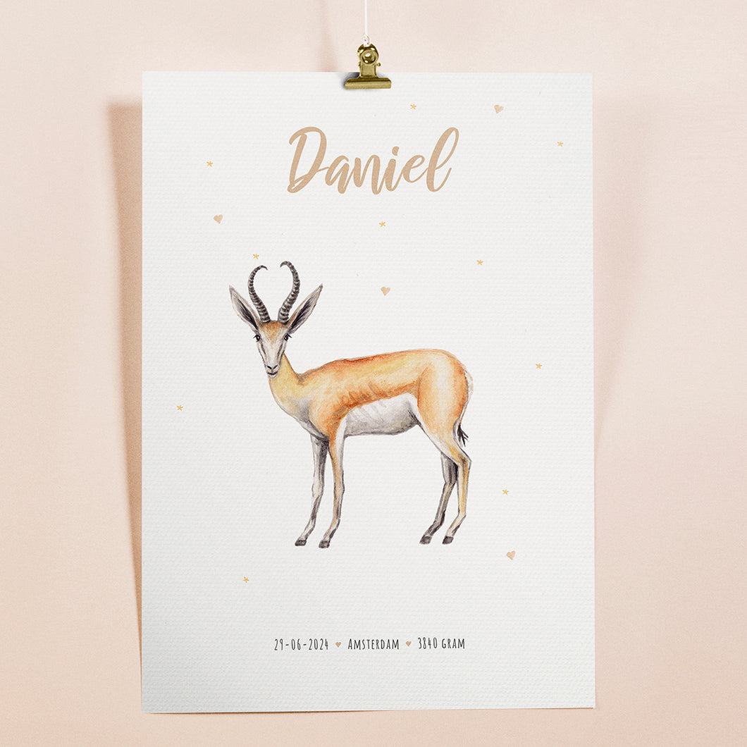 Birth poster springbok - personalised - A3