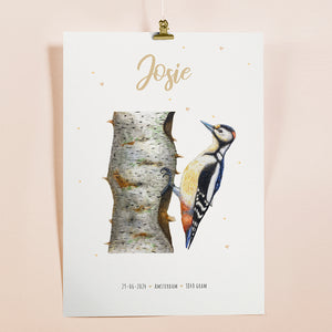 Birth poster woodpecker - personalised - A3