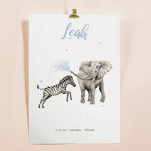 Load image into Gallery viewer, Birth poster zebra elephant - personalised - A3
