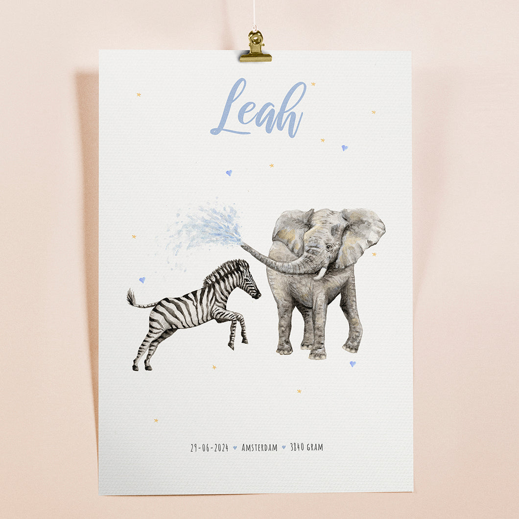 Birth poster zebra elephant - personalised - A3