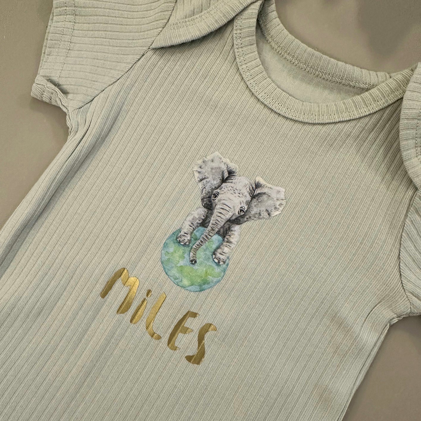 Baby onesie with elephant and name - sage short sleeve
