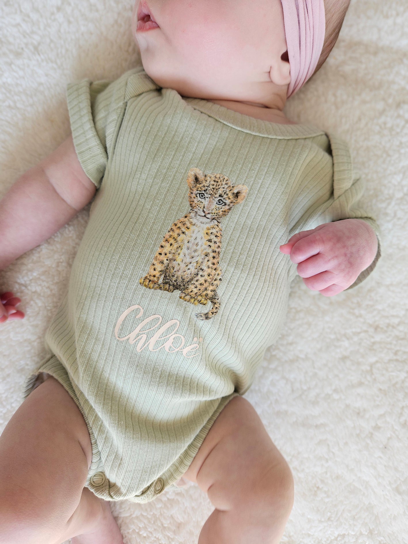 Baby onesie with little leopard and name - sage long sleeve