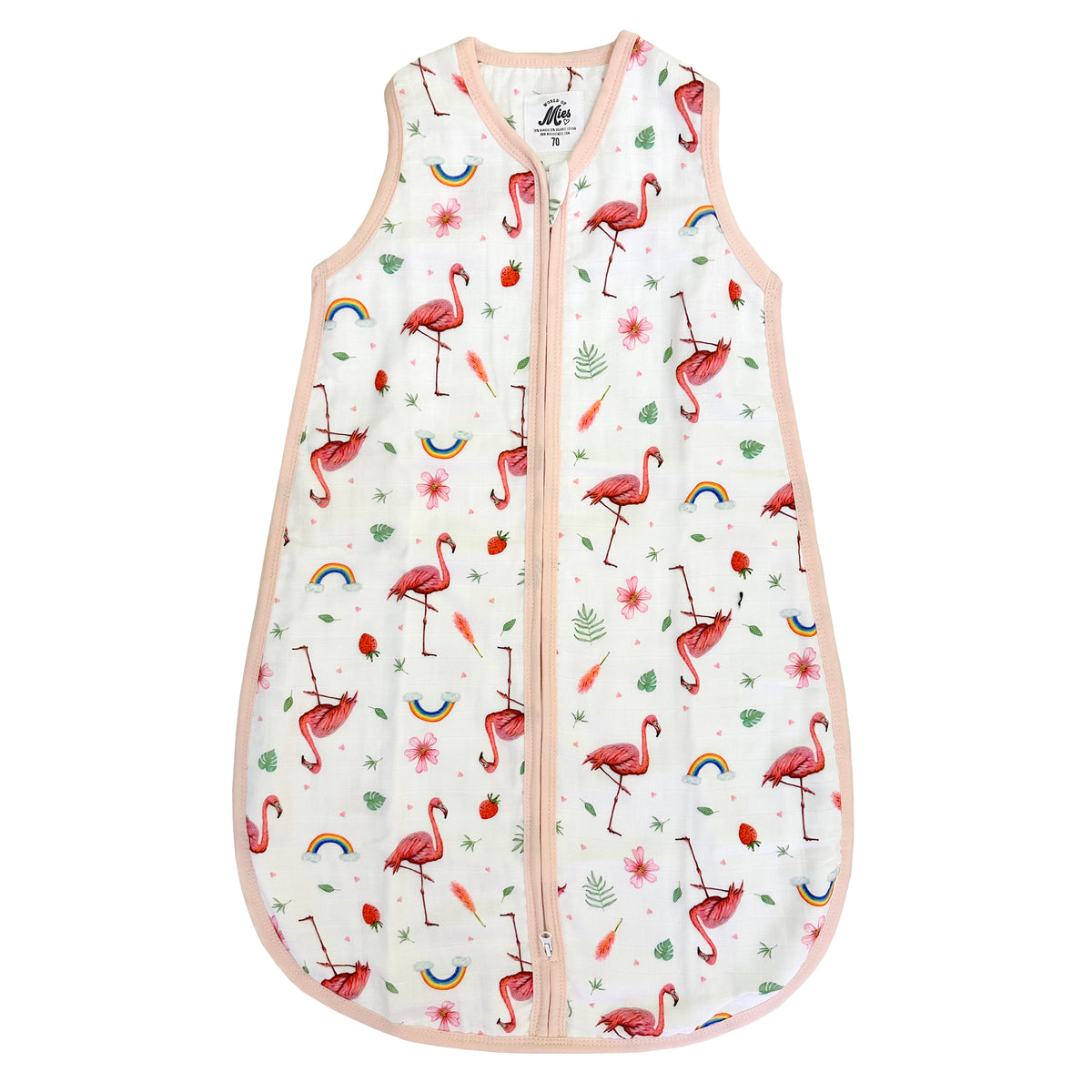 Super soft summer baby sleeping bag of bamboo textile with a flamingo print