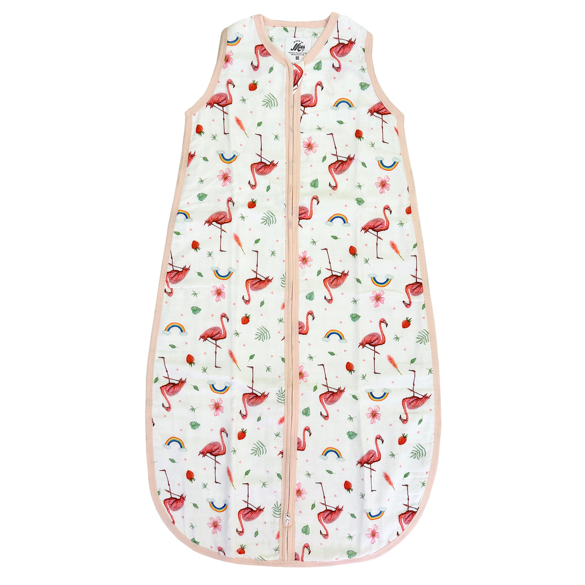 Super soft summer baby sleeping bag of bamboo textile with a flamingo print
