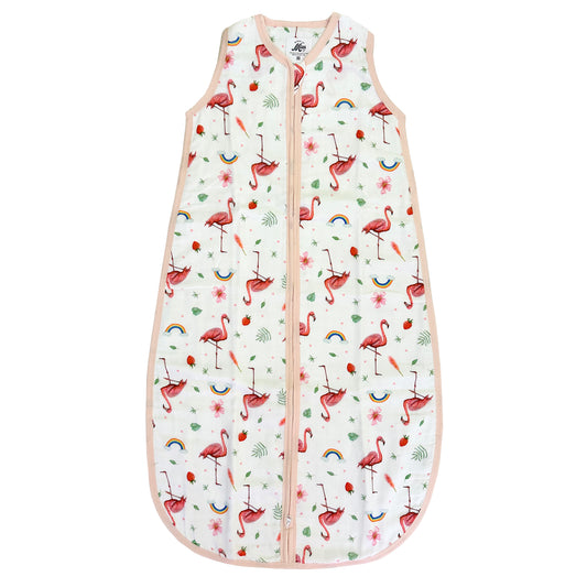 Super soft summer baby sleeping bag of bamboo textile with a flamingo print