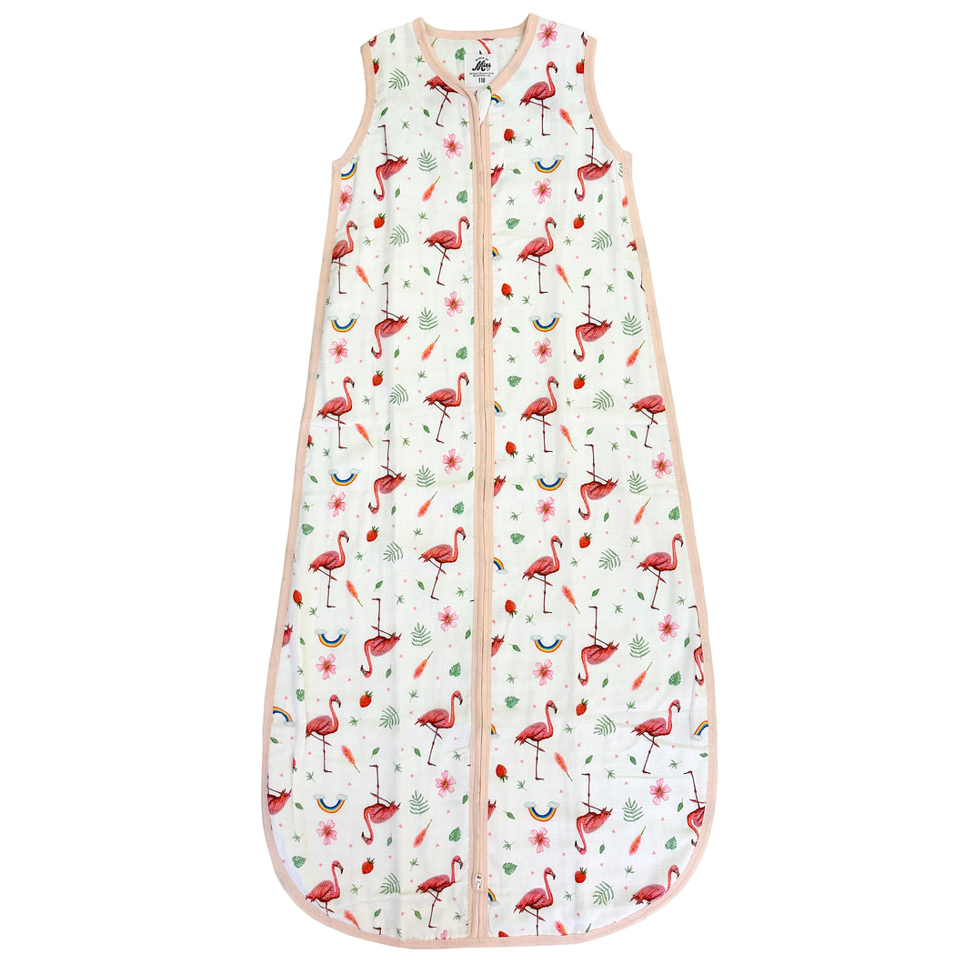 Super soft summer baby sleeping bag of bamboo textile with a flamingo print