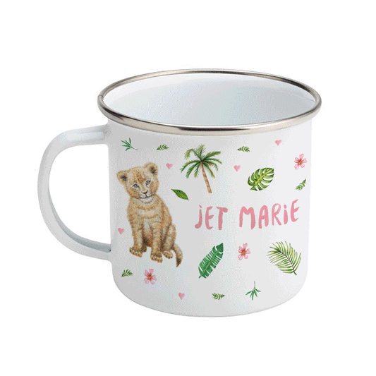Enamel cup tiger lion leopard with name
