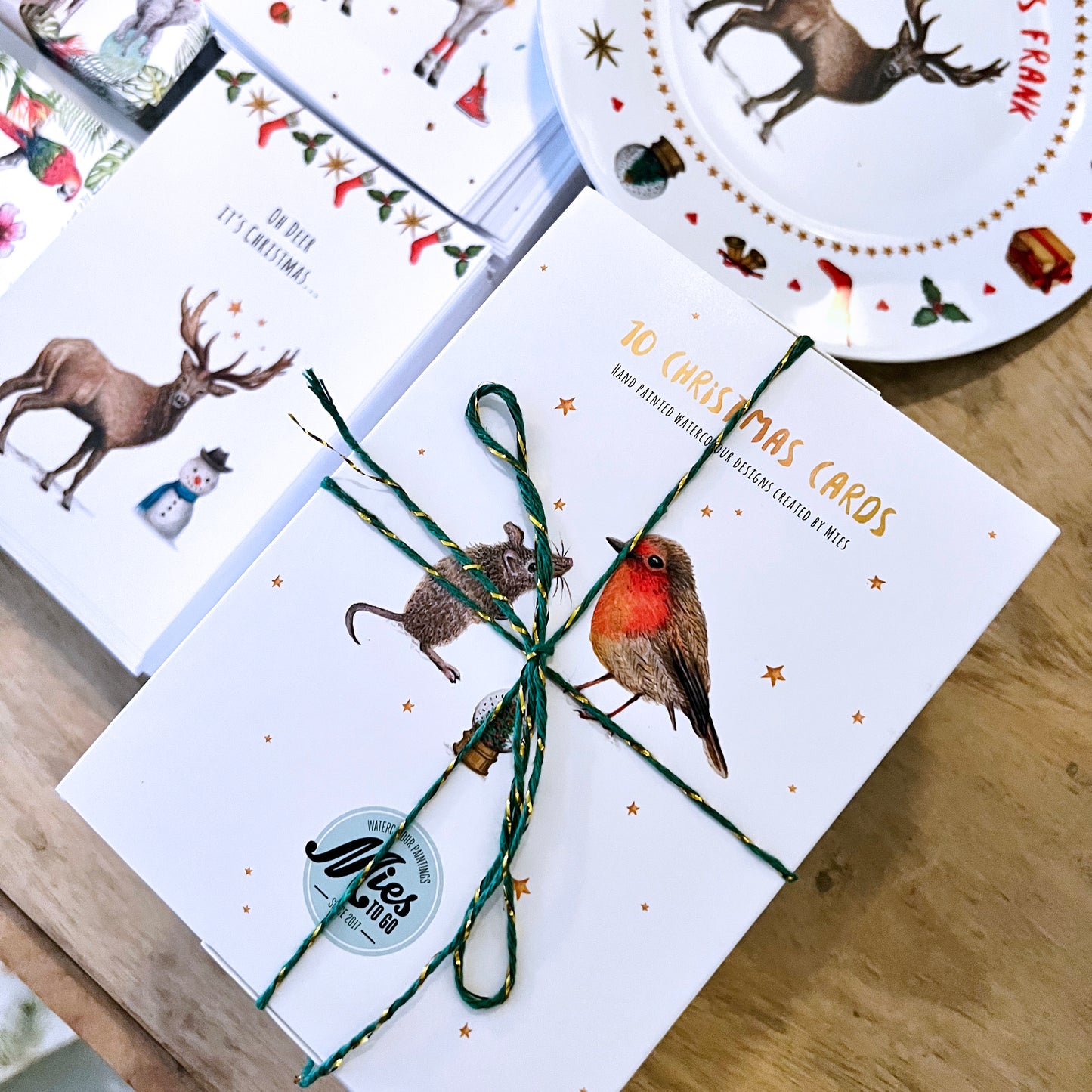 kerstkaarten Mies to Go handgeschilderd kerstmis kaartenset met envelop geschilderd door Mies