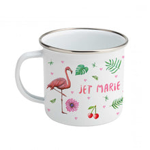 Load image into Gallery viewer, Enamel cup sloth toucan parrot and flamingo with name
