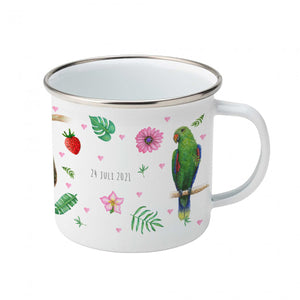 Enamel cup sloth toucan parrot and flamingo with name
