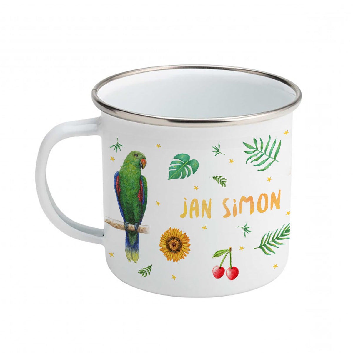 Emaille-Tasse Faultier Tukan Papagei / Flamingo mit Namen