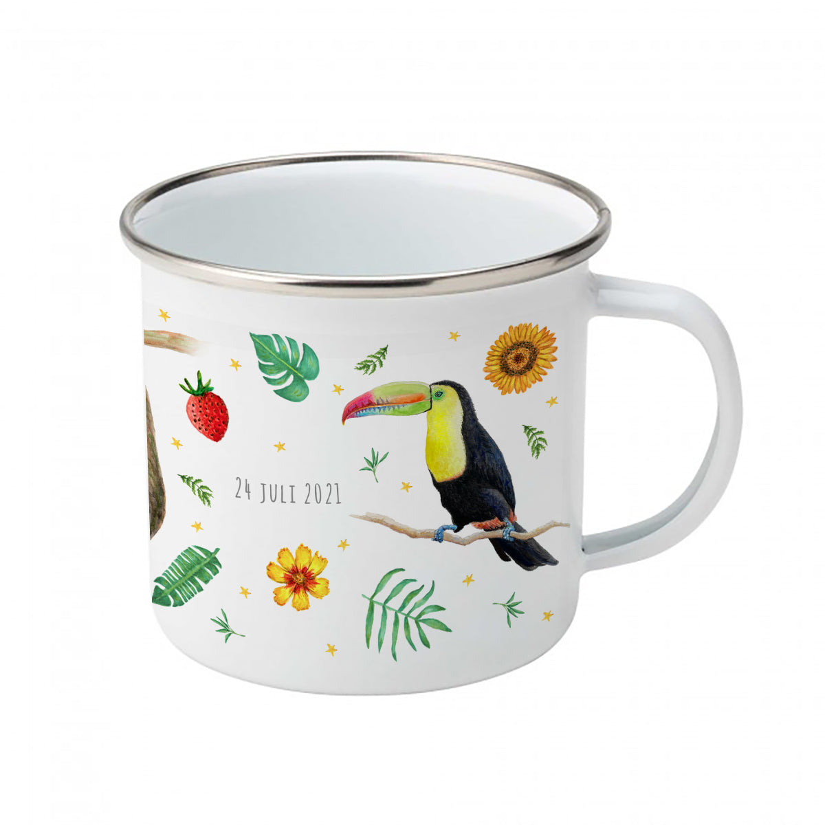 Emaille-Tasse Faultier Tukan Papagei / Flamingo mit Namen