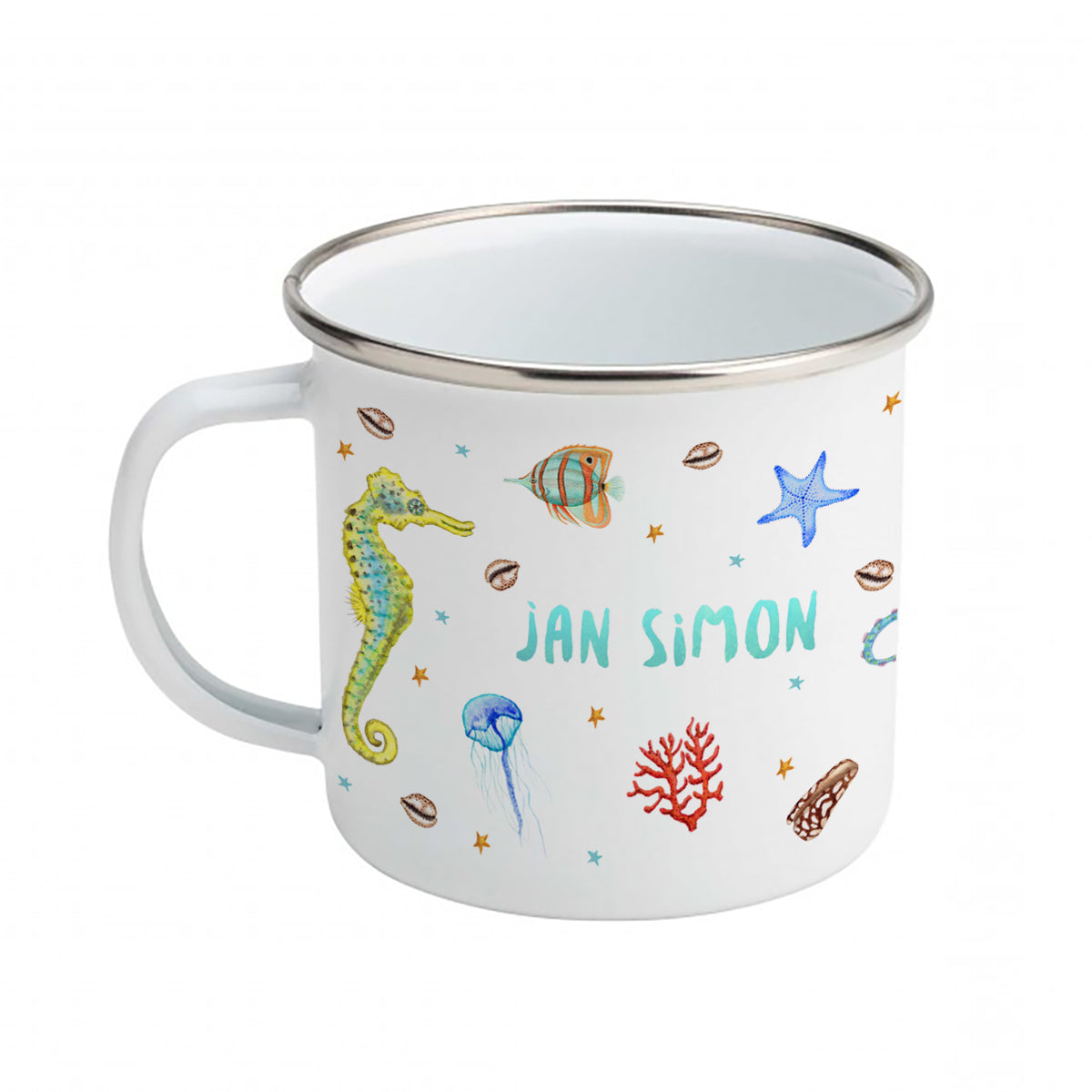 Emaille-Tasse Oktopus Seepferdchen mit Namen