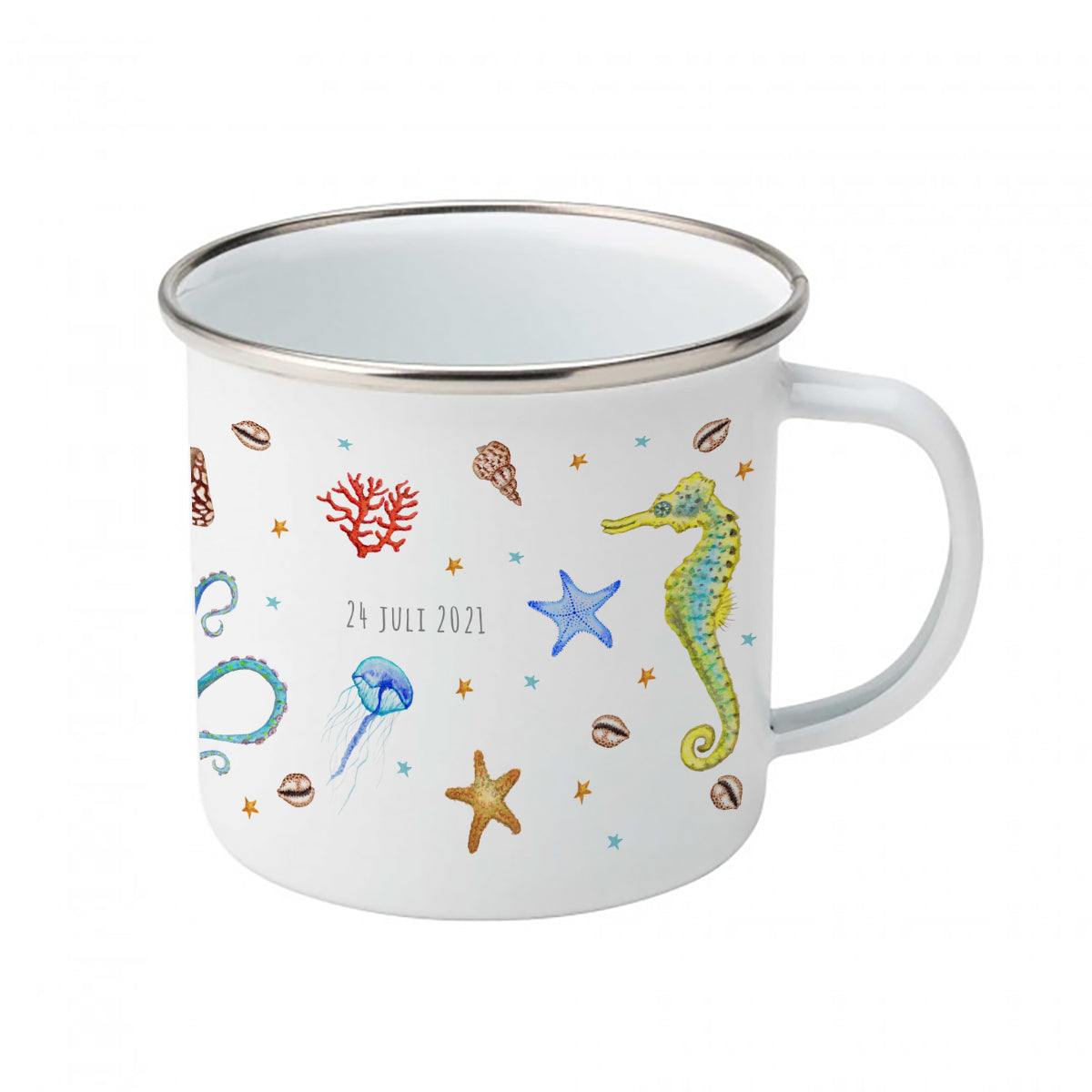 Emaille-Tasse Oktopus Seepferdchen mit Namen
