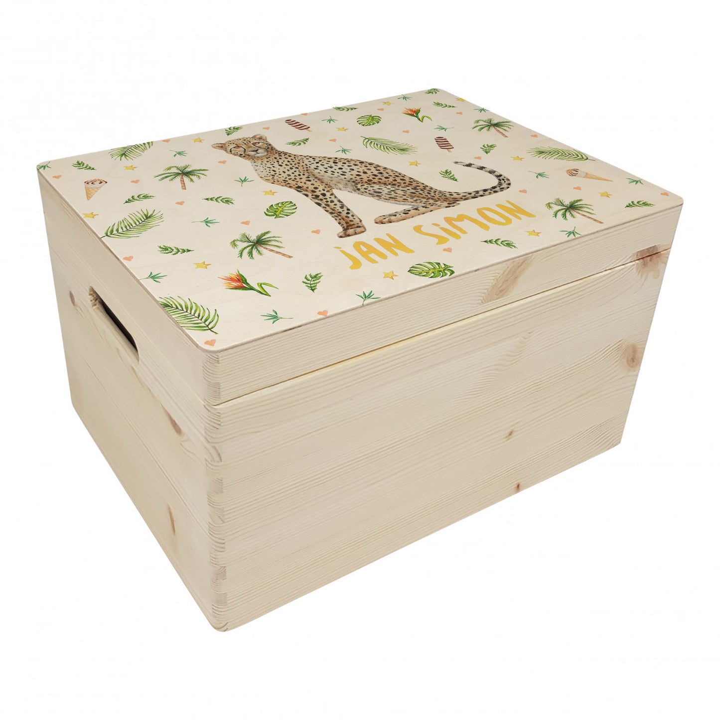 Memorybox met naam kraamcadeau speelgoedkist herinneringskist houten kist opberger kinderkamer kinderkamerinspiratie mies to go handgeschilderd dieren in aquarel baby cheetah jongen