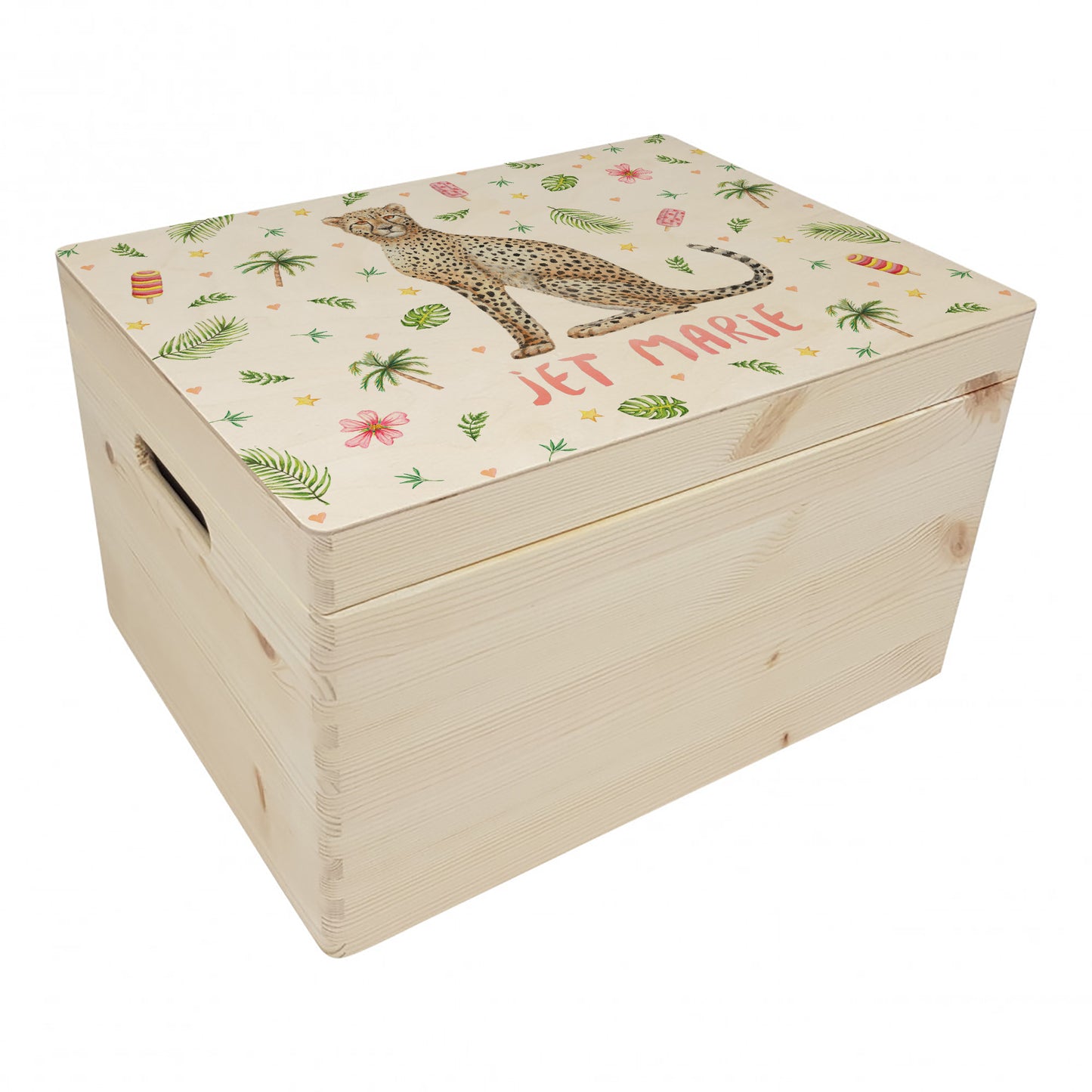 Memorybox met naam kraamcadeau speelgoedkist herinneringskist houten kist opberger kinderkamer kinderkamerinspiratie mies to go handgeschilderd dieren in aquarel baby cheetah meisje