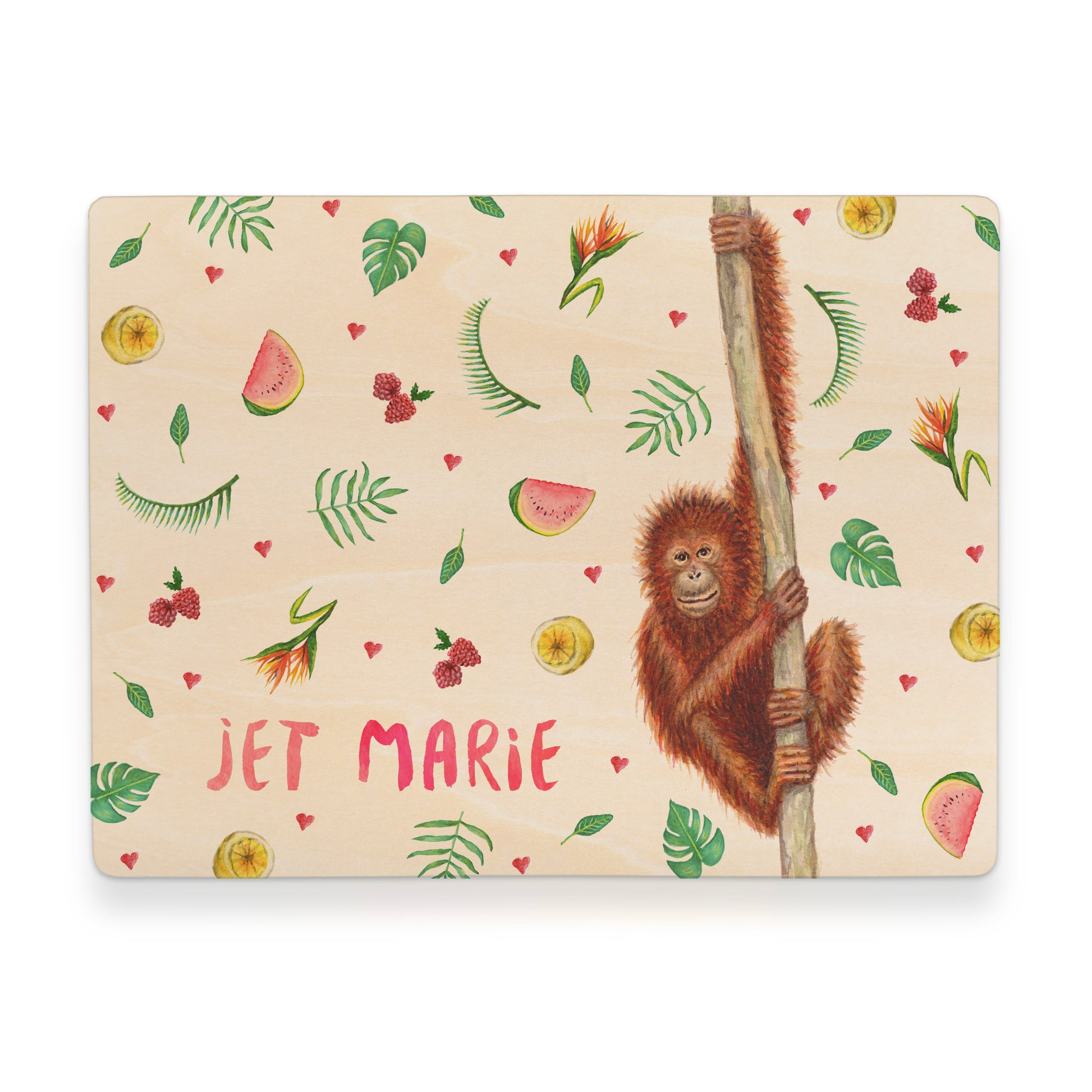 Memorybox met naam kraamcadeau speelgoedkist herinneringskist houten kist opberger kinderkamer kinderkamerinspiratie mies to go handgeschilderd dieren in aquarel baby meisje aap aapje