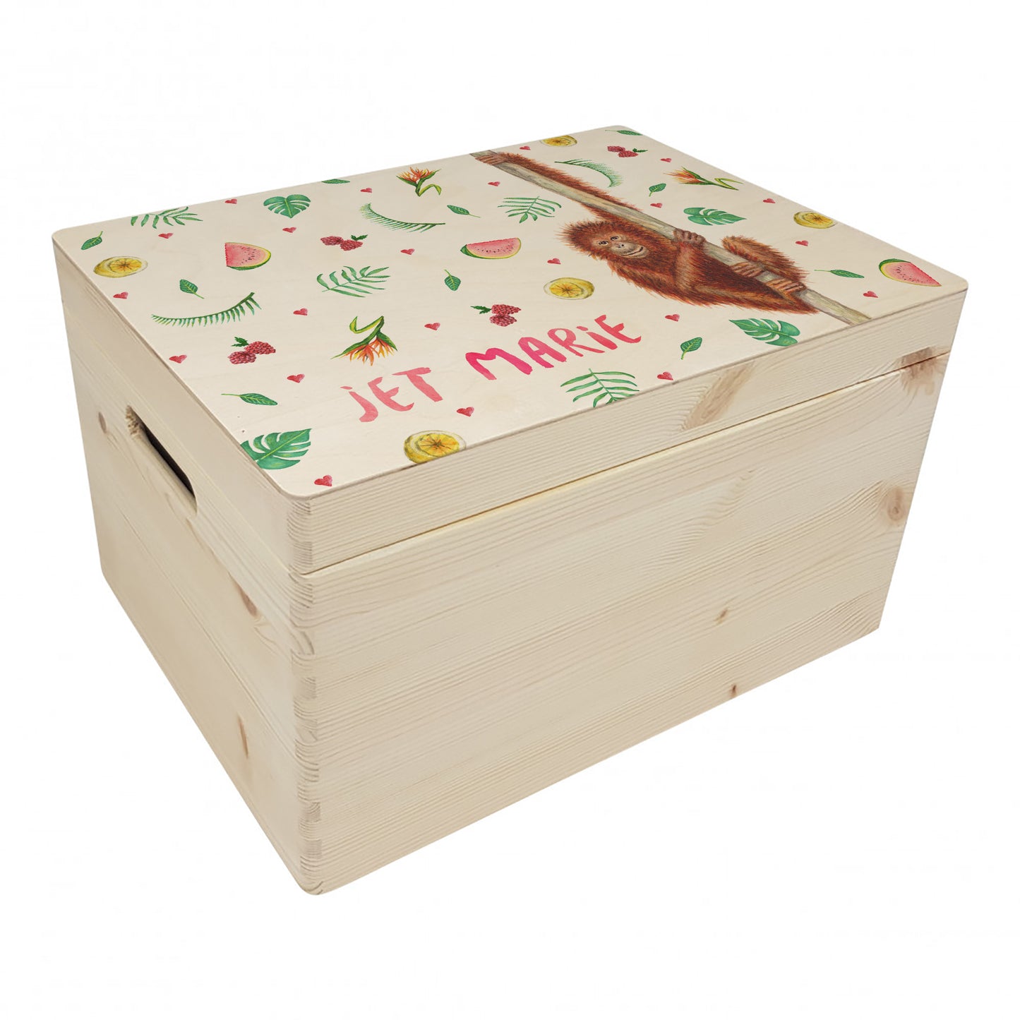 Memorybox met naam kraamcadeau speelgoedkist herinneringskist houten kist opberger kinderkamer kinderkamerinspiratie mies to go handgeschilderd dieren in aquarel baby meisje aap aapje