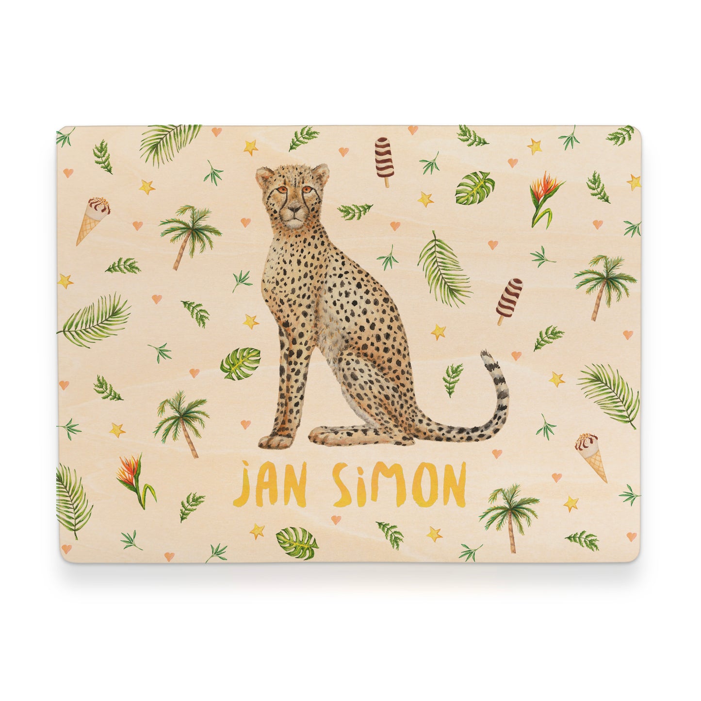 Memorybox met naam kraamcadeau speelgoedkist herinneringskist houten kist opberger kinderkamer kinderkamerinspiratie mies to go handgeschilderd dieren in aquarel baby cheetah jongen