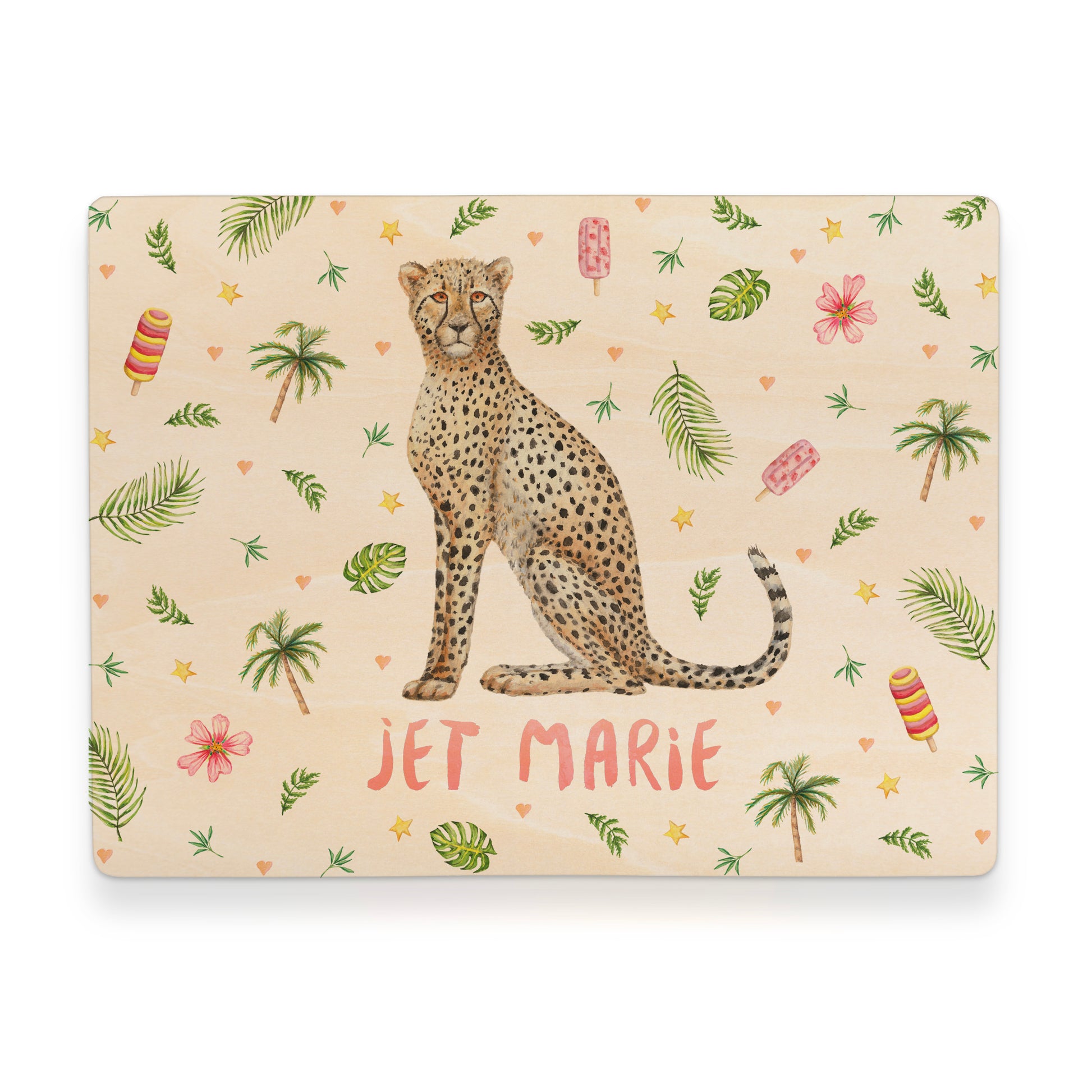 Memorybox met naam kraamcadeau speelgoedkist herinneringskist houten kist opberger kinderkamer kinderkamerinspiratie mies to go handgeschilderd dieren in aquarel baby  cheetah meisje