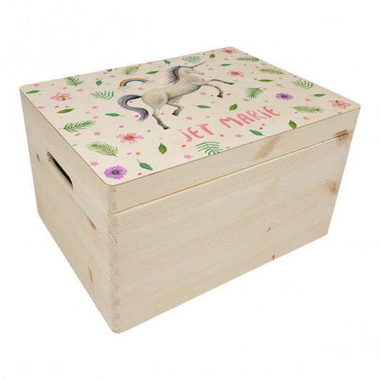 Memorybox met naam kraamcadeau speelgoedkist herinneringskist houten kist opberger kinderkamer kinderkamerinspiratie mies to go handgeschilderd dieren in aquarel baby unicorn eenhoorn meisje
