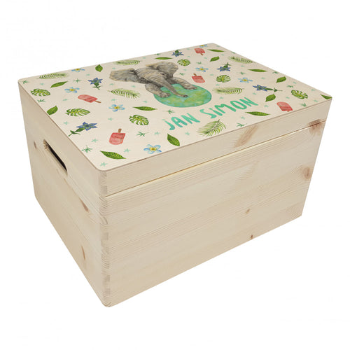 Memorybox met naam kraamcadeau speelgoedkist herinneringskist houten kist opberger kinderkamer kinderkamerinspiratie mies to go handgeschilderd dieren in aquarel baby olifant jongen jungle
