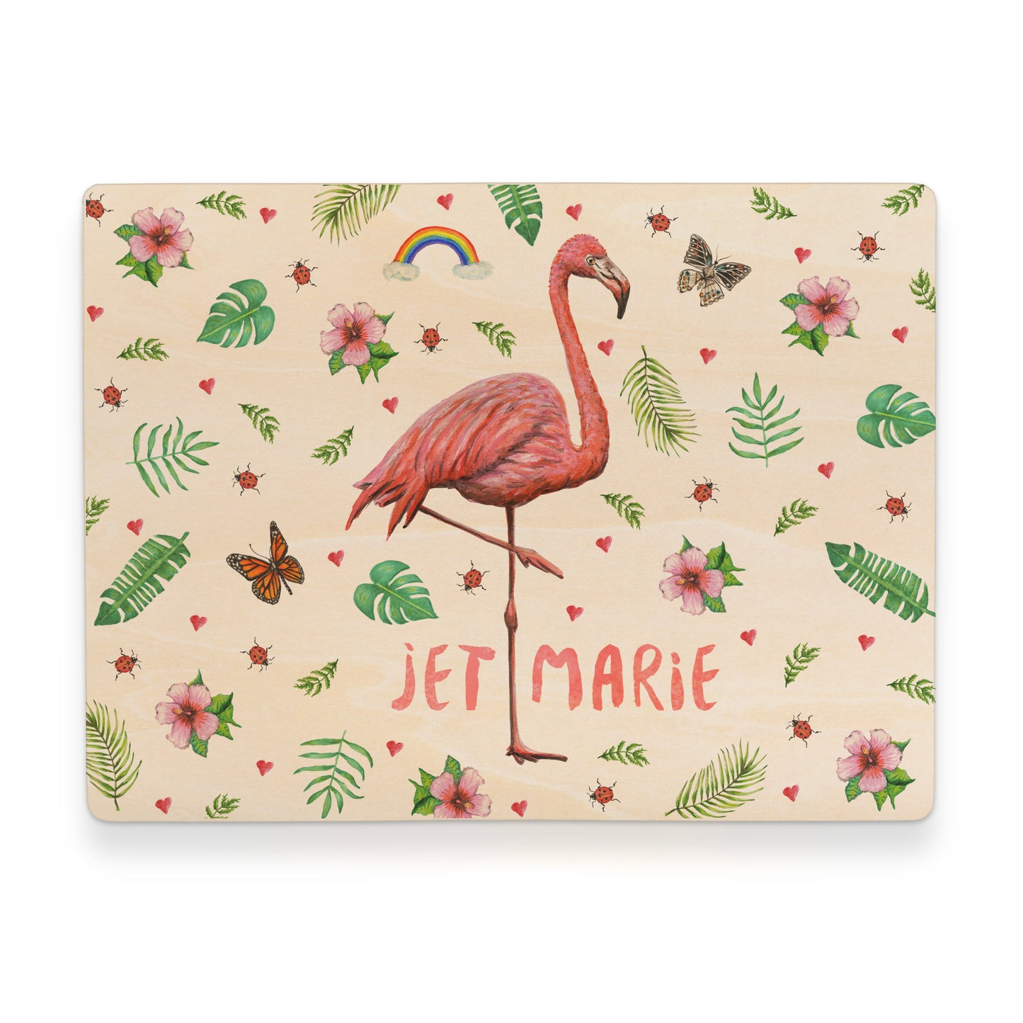 Memorybox met naam kraamcadeau speelgoedkist herinneringskist houten kist opberger kinderkamer kinderkamerinspiratie mies to go handgeschilderd dieren in aquarel baby flamingo meisje