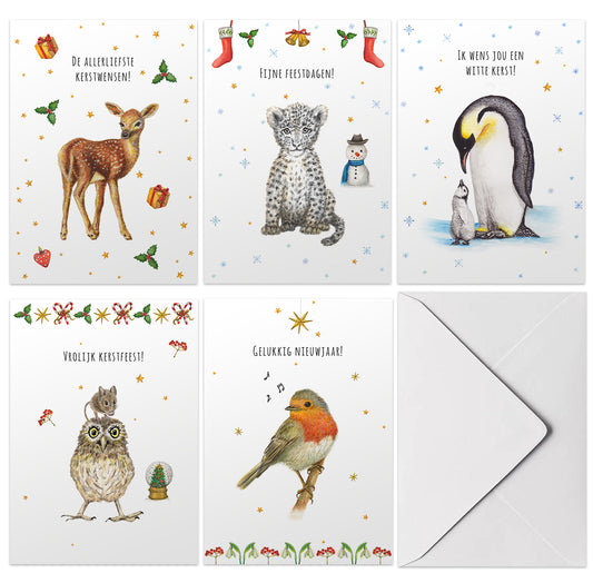 kerstkaarten Mies to Go christmas cards handgeschilderd dieren kerstmis kaartje ansichtkaart postcard greeting card feestdagen nieuwjaarskaart hert luipaard sneeuwpop pinguin uil muisje roodborstje