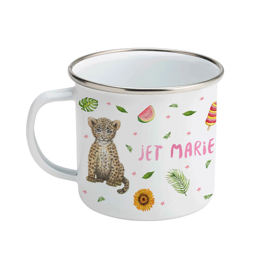 Enamel cup alpaca lion leopard with name