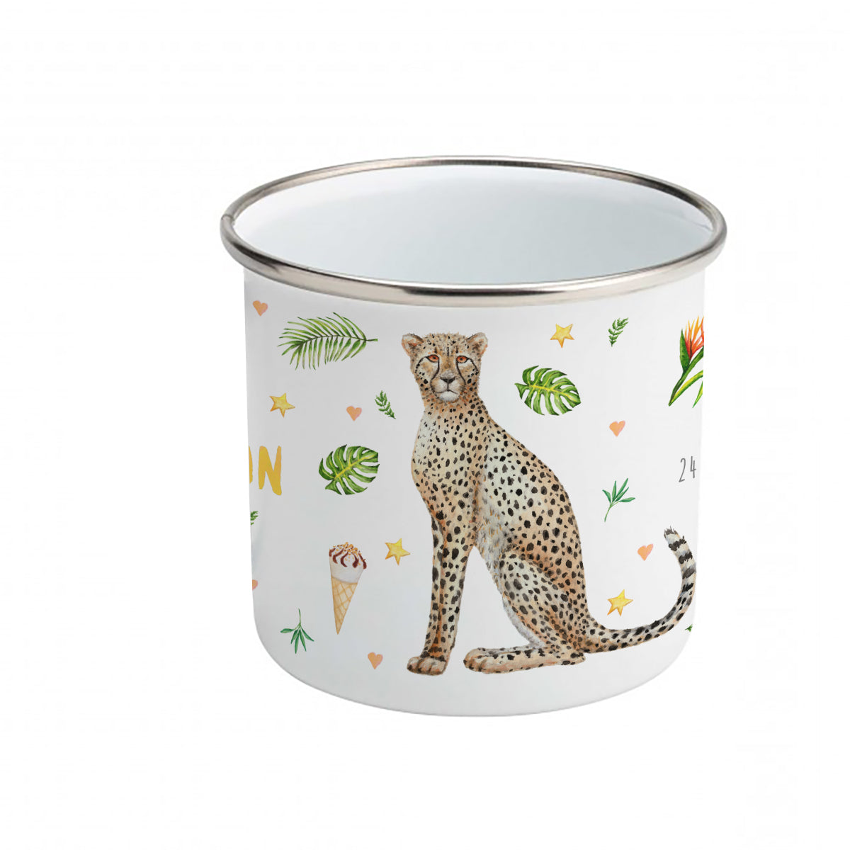 Enamel cup cheetah alpaca flamingo / parrot with name