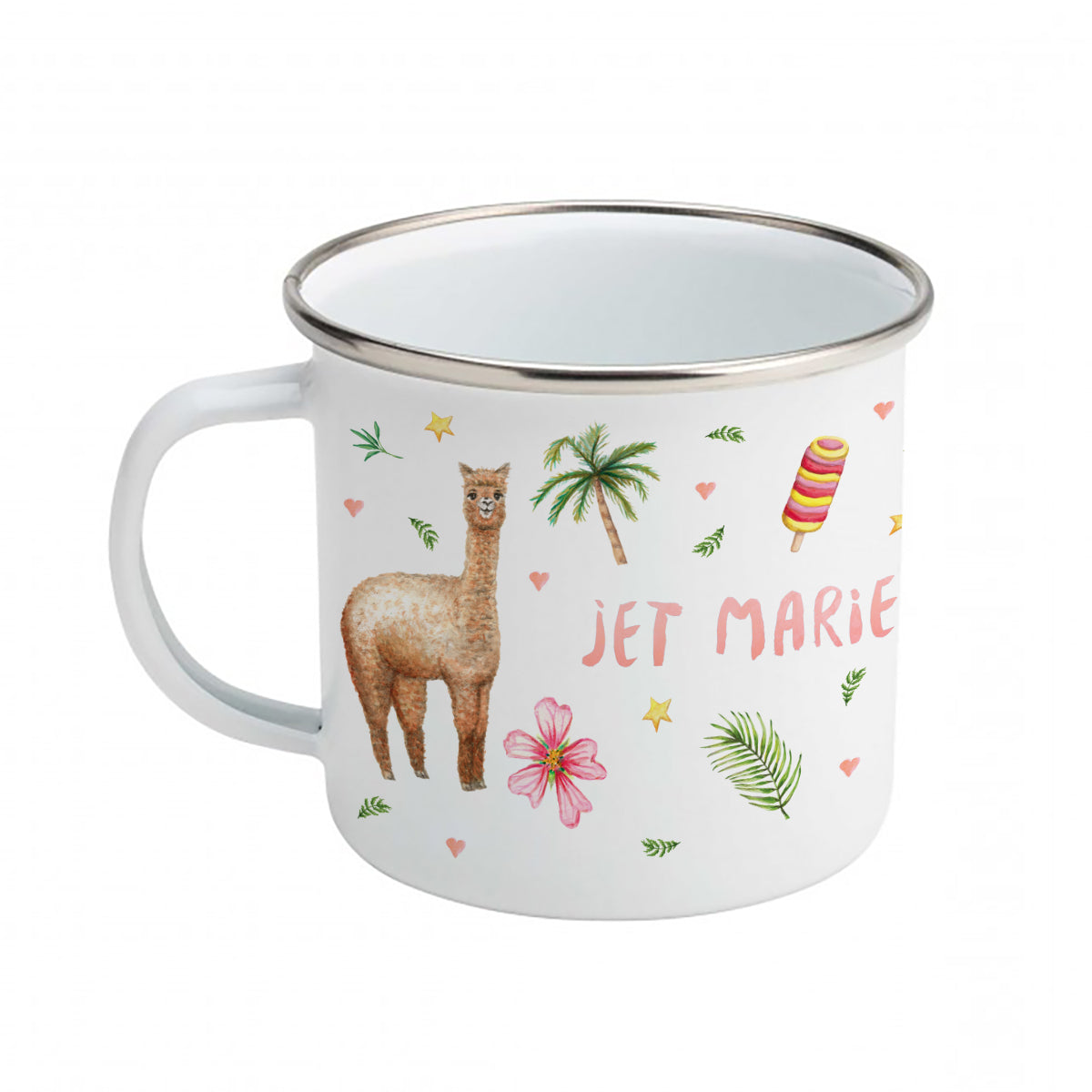 Enamel cup cheetah alpaca flamingo / parrot with name
