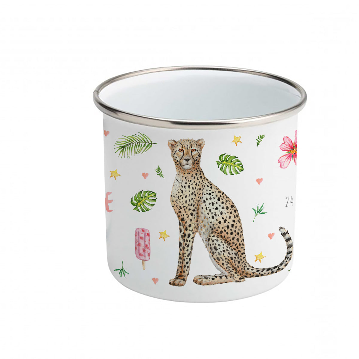 Enamel cup cheetah alpaca flamingo / parrot with name
