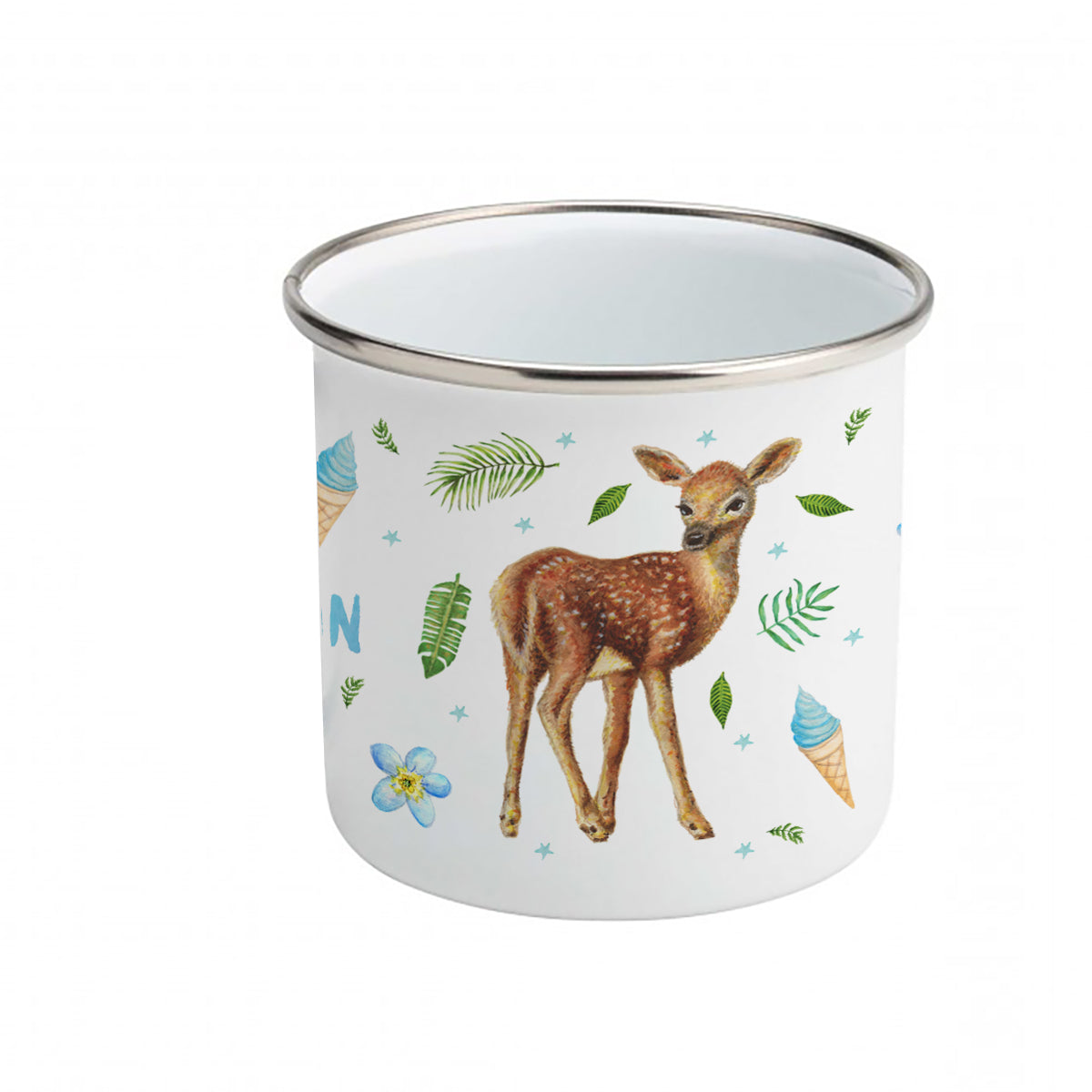 Enamel cup little deer, rabbit and leopard with name
