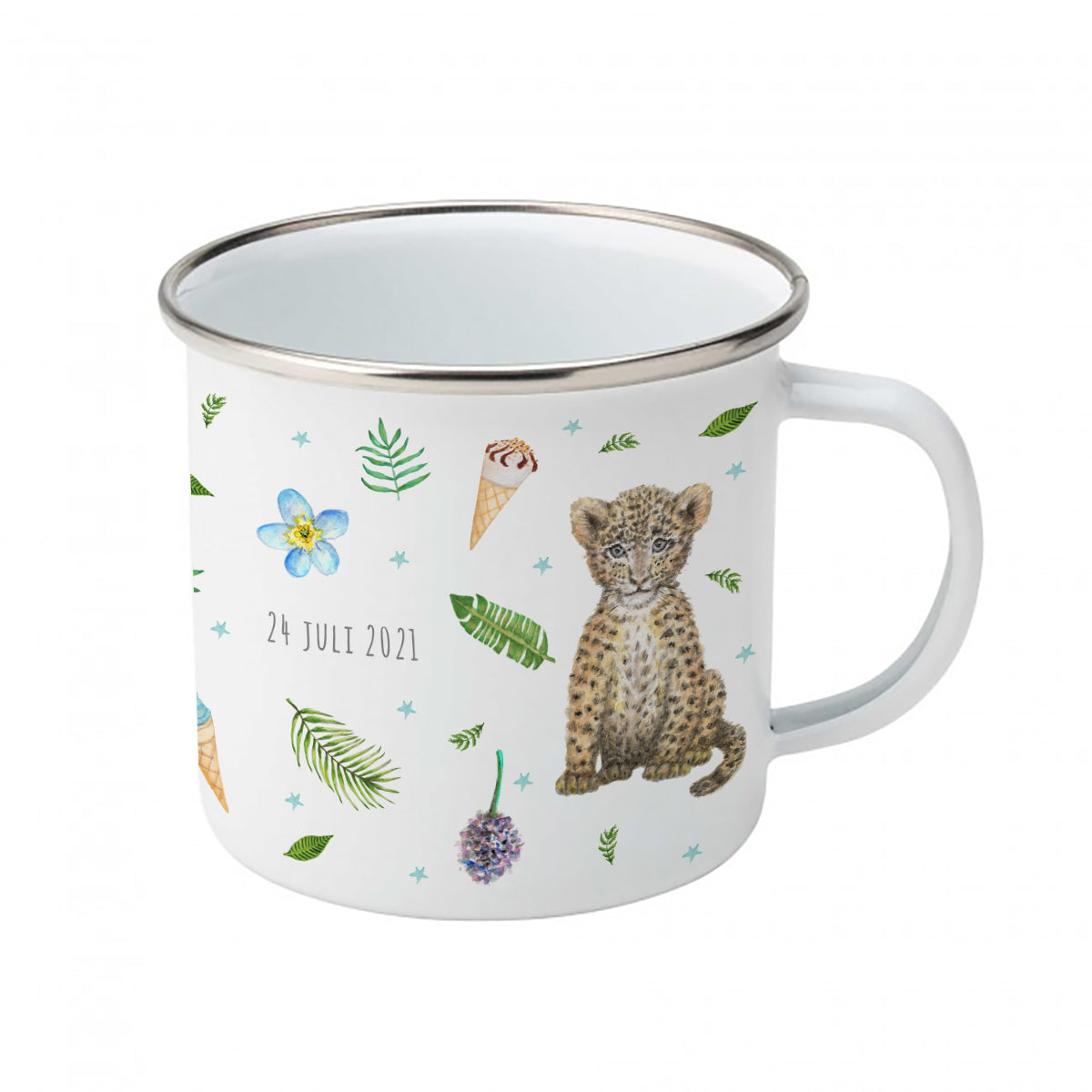 Enamel cup little deer, rabbit and leopard with name