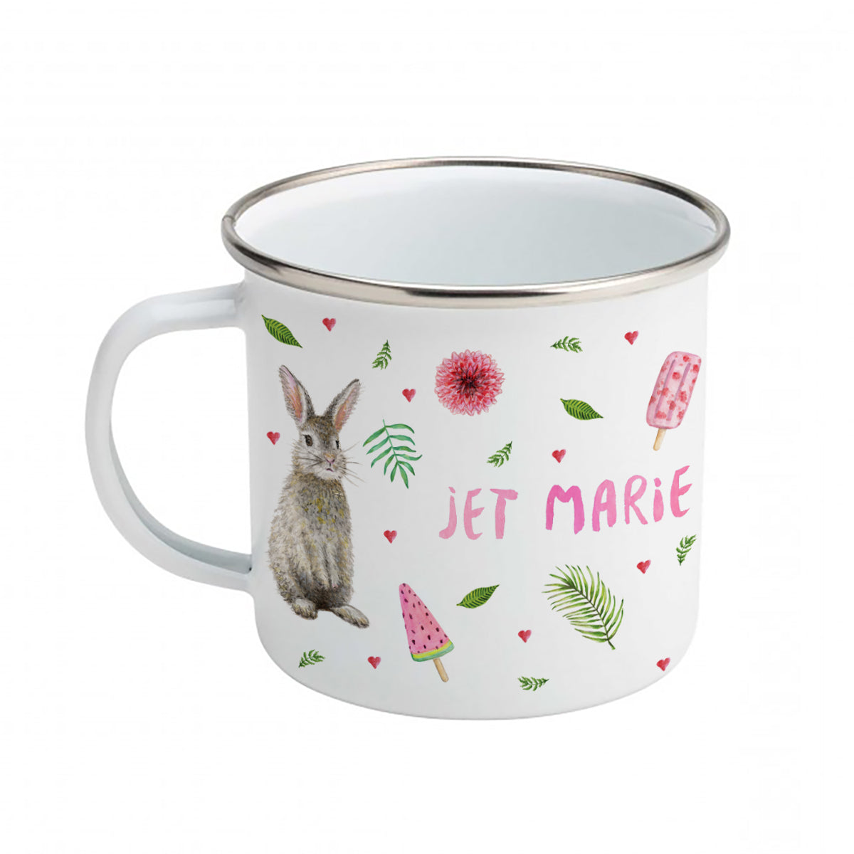 Enamel cup little deer, rabbit and leopard with name