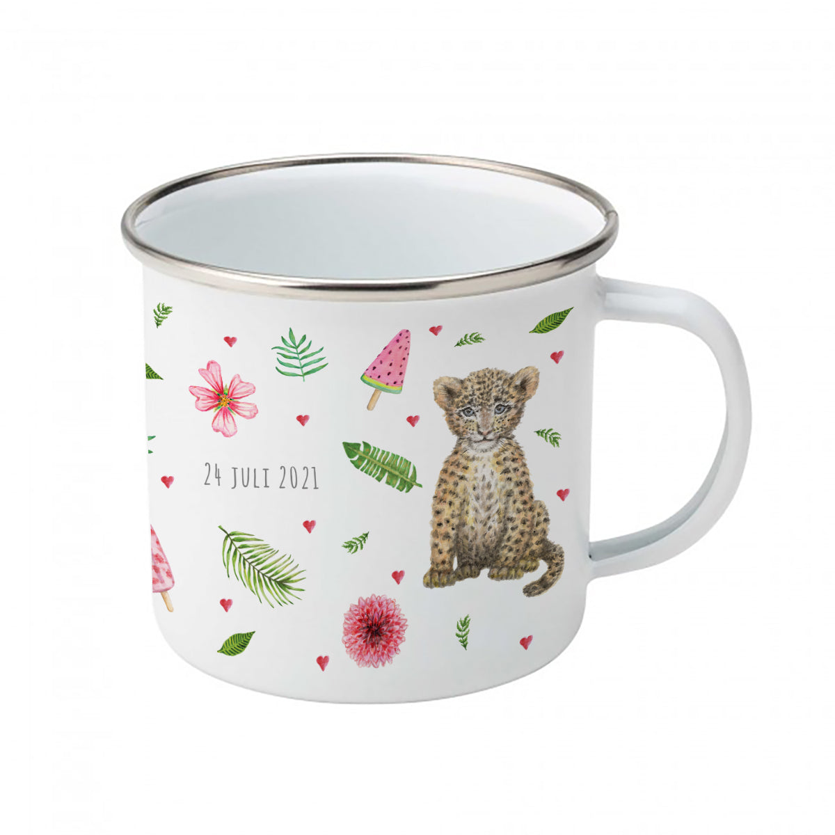 Enamel cup little deer, rabbit and leopard with name