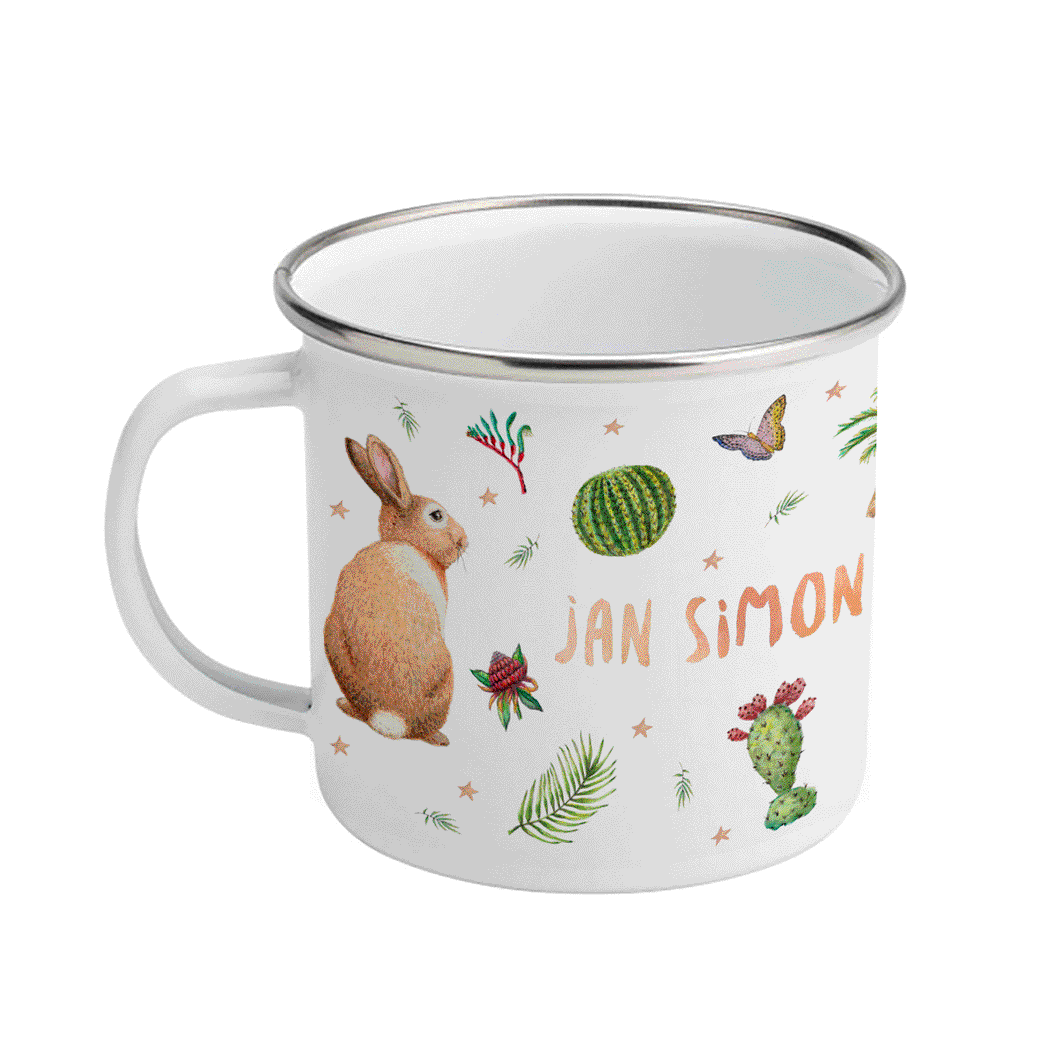 Emaille-Tasse Affe Papageien mit Namen