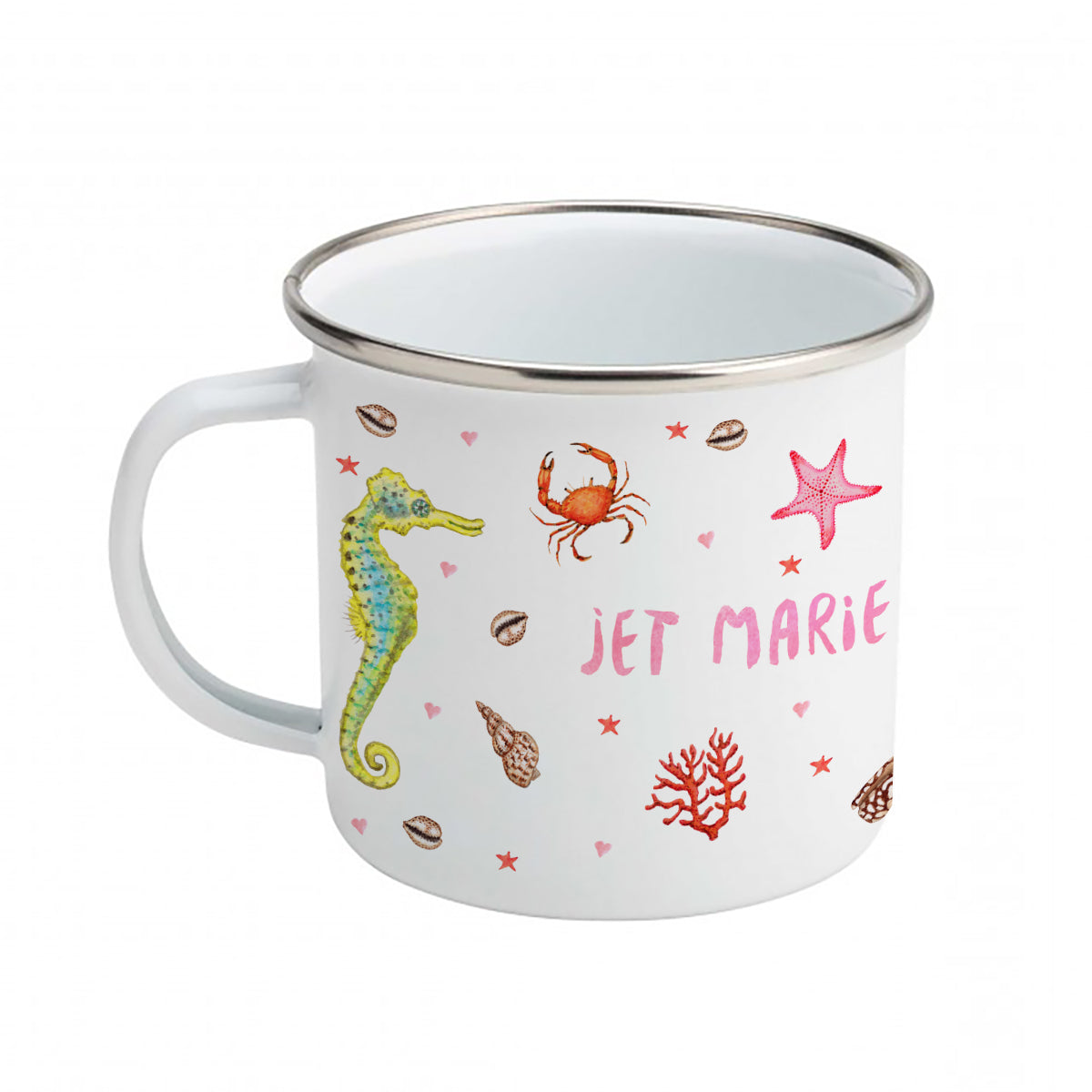 Enamel cup lobster seahorse fish with name