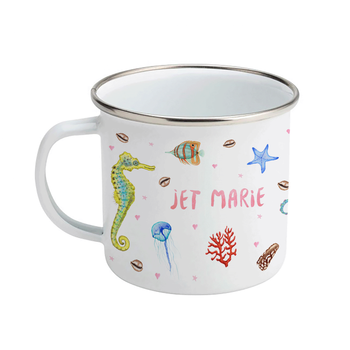 Emaille-Tasse Oktopus Seepferdchen mit Namen