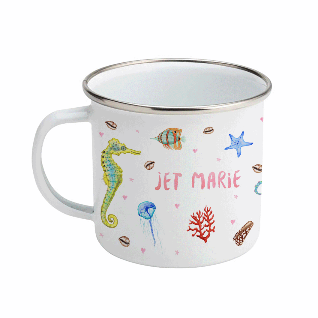 Enamel mug octopus seahorse custom with name