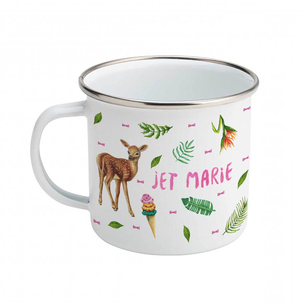 Enamel mug baby giraffe, deer, rabbit custom with name