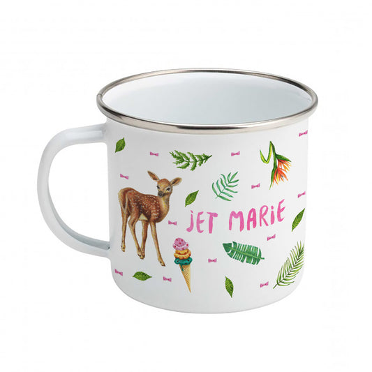 Enamel mug baby giraffe, deer, rabbit custom with name