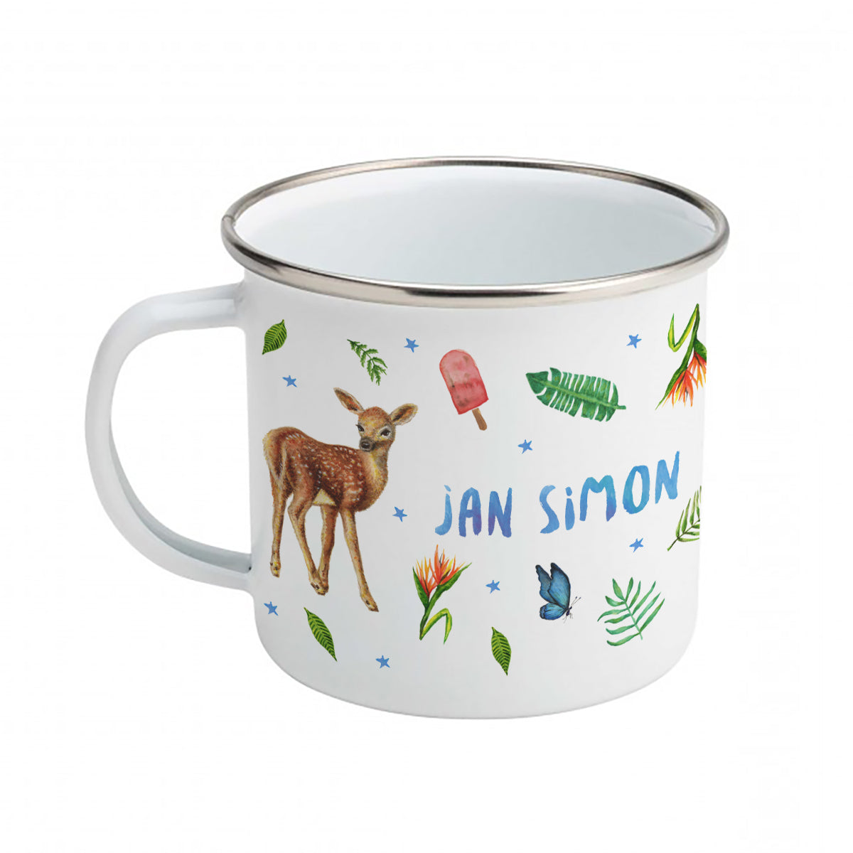 Enamel mug baby giraffe, deer, rabbit custom with name