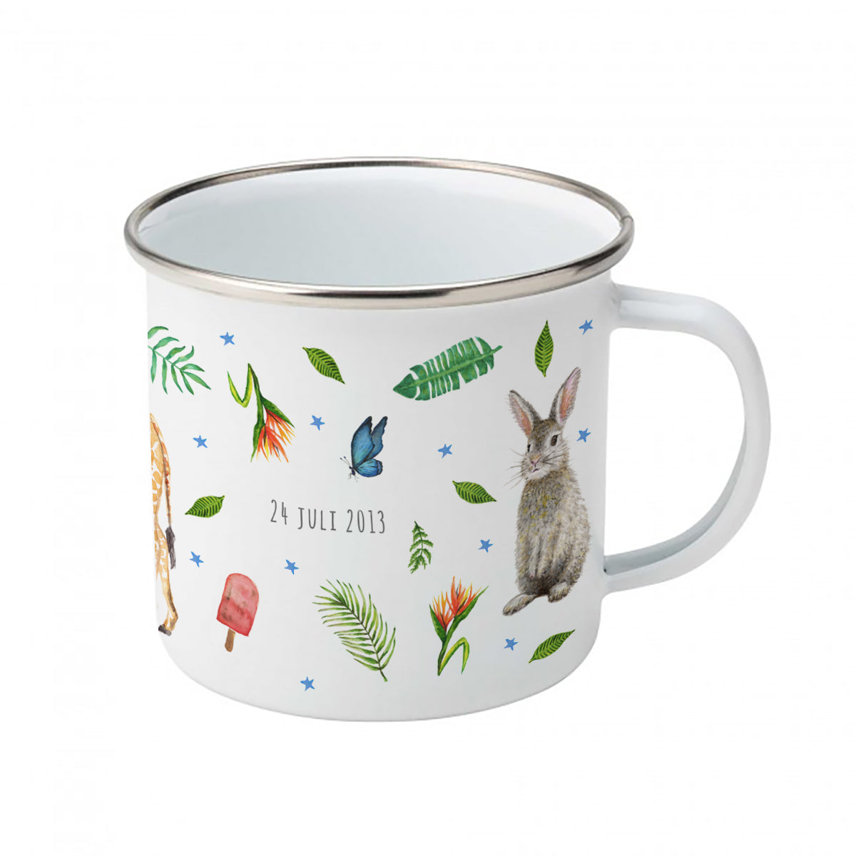 Enamel mug baby giraffe, deer, rabbit custom with name