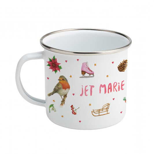 Enamel mug baby giraffe, robin, rabbit custom with name