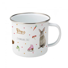 Load image into Gallery viewer, Enamel mug baby giraffe, robin, rabbit custom with name

