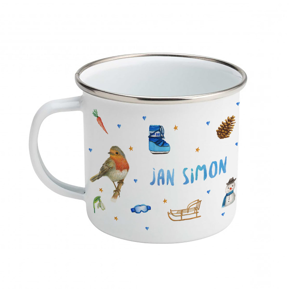 Enamel mug baby giraffe, robin, rabbit custom with name