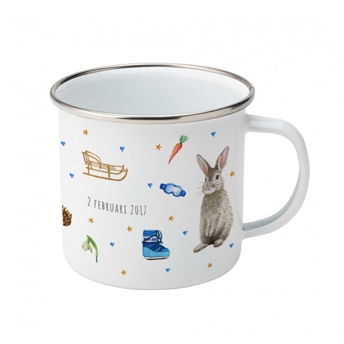 Enamel mug baby giraffe, robin, rabbit custom with name