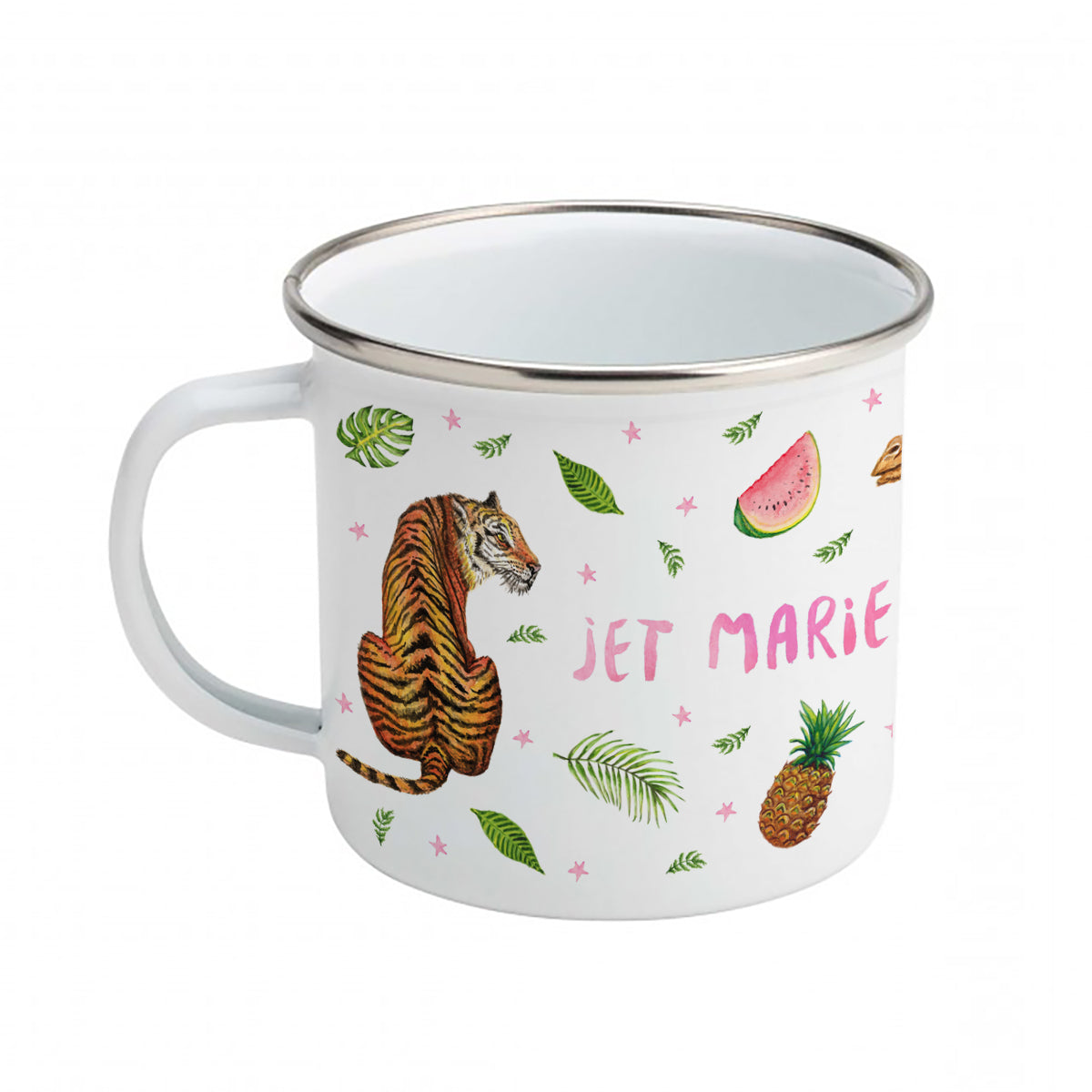 Emaille-Tasse Kamel Tiger Elefant mit Namen